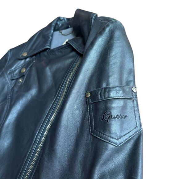 Guess Women's 100% Genuine Leather Black Moto Zip Up Jacket Size Large - Picture 3 of 8